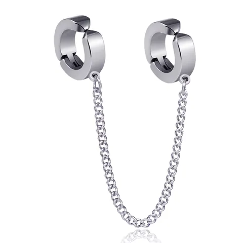 Titanstahl Kette Doppelring Ohrmanschette Ohrringe Punk Minimalistisch Silberfarbe Durchstochen Clip On Herren Damen Schmuck
