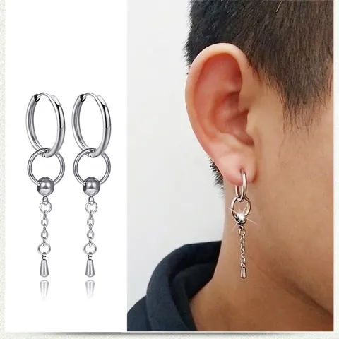 Punk Roestvrijstalen Kwastje Ketting Lange Hanger Oorbellen Voor Heren Dames Geometrisch Zilver Hip Hop Sieraden