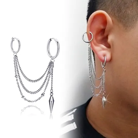 Orecchini Punk in Acciaio Inossidabile Con Catena a Frange e Ciondolo a Cono Gioielli Gothic Streetwear Per Uomo Donna