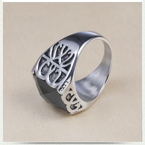 Vintage Men Titanium Steel Signet Ring Antique Silver Polished Engraved Design With Square Black Rhinestone Punk Jewelry