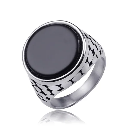 Anello da Uomo Vintage in Acciaio Inossidabile Con Grande Pietra Nera Argento Antico Stile Punk Fascia Incisa Gioielli