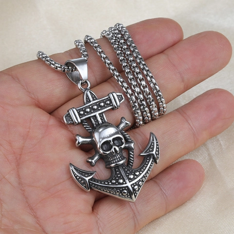 Retro Edelstahl Totenkopf Anker Anhänger Halskette Für Herren Hip Hop Gothic Punk Verwitterte Metall Schmuck Geschenk