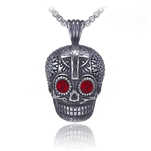 Vintage Stainless Steel Skull Cross Pendant Necklace For Men Red Rhinestone Eyes Gothic Punk Hip Hop Jewelry With Chain