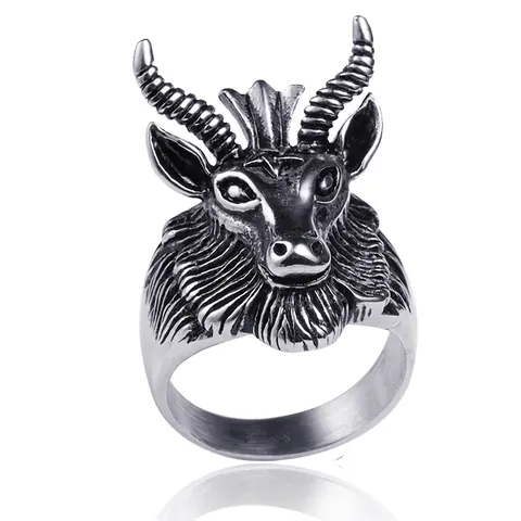 Gothic Retro Stainless Steel Goat Head Ring For Men Punk Pentagram Baphomet Statement Finger Ring Distressed Polished Jewelry Gift
