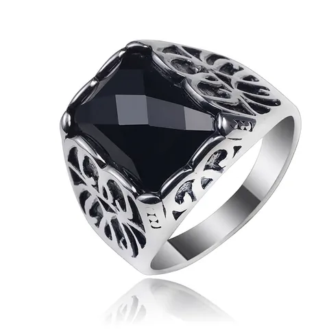 Vintage Men Titanium Steel Signet Ring Antique Silver Polished Engraved Design With Square Black Rhinestone Punk Jewelry