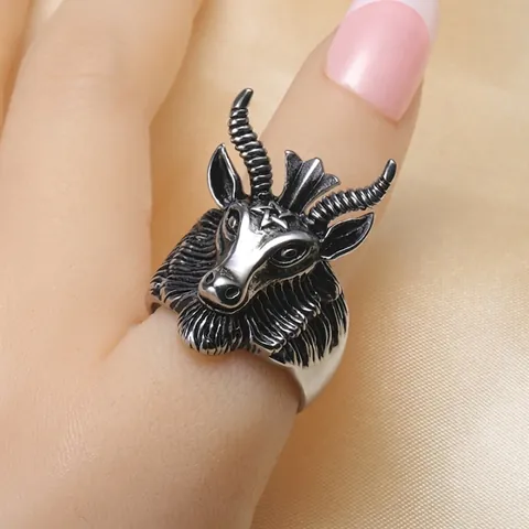 Gothic Retro Stainless Steel Goat Head Ring For Men Punk Pentagram Baphomet Statement Finger Ring Distressed Polished Jewelry Gift