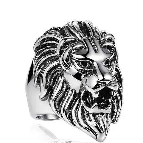 Vintage Men's Lion Head Totem Ring Titanium Steel Punk Biker Animal Relief Ring Antique Silver Fashion Jewelry For Men