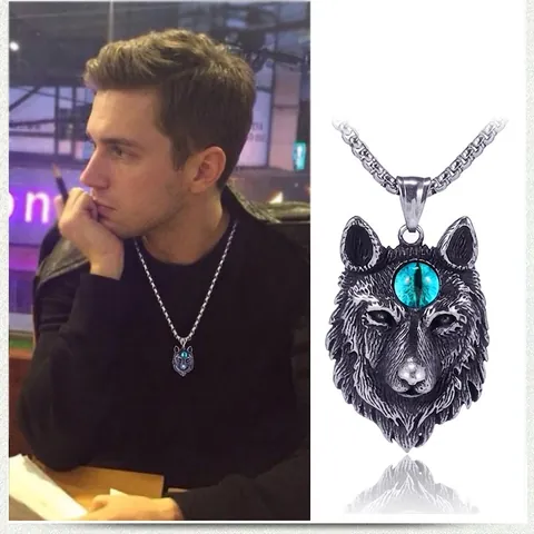 Vintage Roestvrijstalen Wolfskop Hanger Halsketting Met Blauwe Strass Ogen Hip Hop Punk Gotische Dieren Sieraden Voor Mannen
