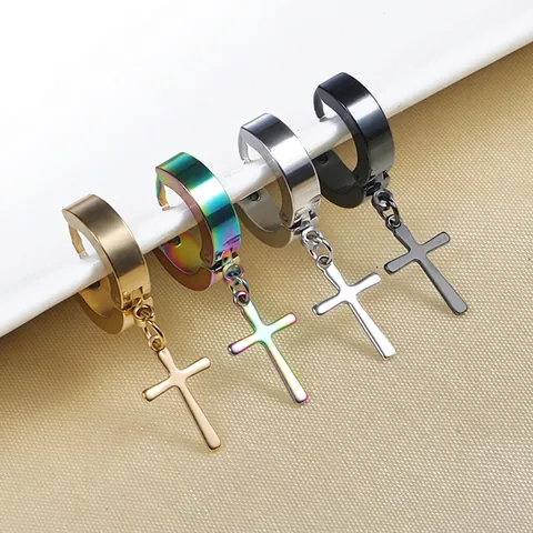 Orecchini a Cerchio con Pendente a Croce in Acciaio Inossidabile per Uomo Donna Stile Punk Clip On Piercing Gioielli