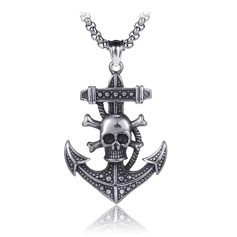 Retro Edelstahl Totenkopf Anker Anhänger Halskette Für Herren Hip Hop Gothic Punk Verwitterte Metall Schmuck Geschenk