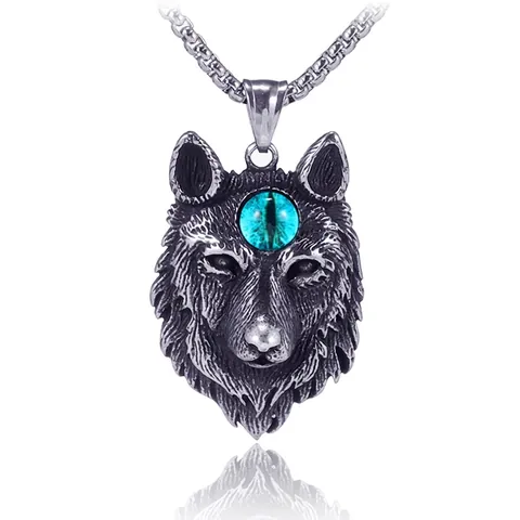 Vintage Roestvrijstalen Wolfskop Hanger Halsketting Met Blauwe Strass Ogen Hip Hop Punk Gotische Dieren Sieraden Voor Mannen