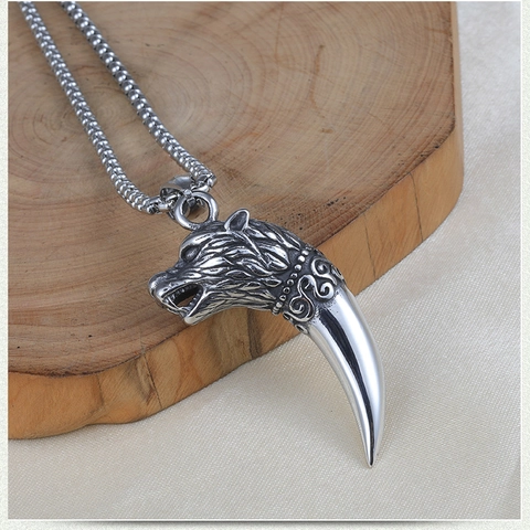 Collar con Colgante de Colmillo de Lobo de Acero Inoxidable Retro para Hombre Estilo Punk Hip Hop Plata Antigua Joyería