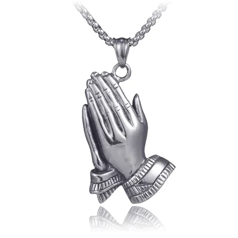 Collana con Ciondolo Mani in Preghiera in Acciaio Inossidabile Hip Hop Retrò per Uomo Gioielli Religiosi Vintage Tono Argento