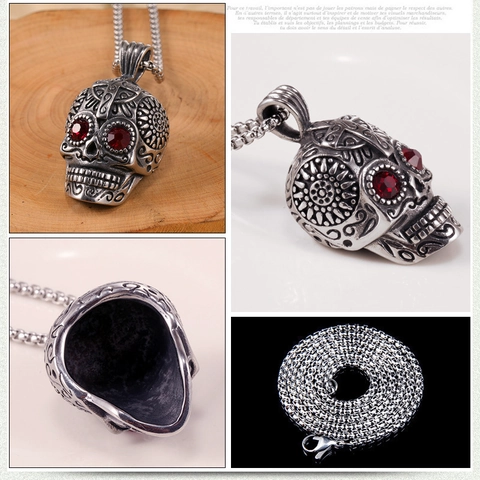 Collana con Ciondolo Teschio Retro Punk in Acciaio Inossidabile Gioielli Gothic Hip Hop per Uomo Donna Finitura Argento Antico Strass