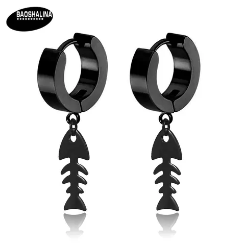 Stainless Steel Cross Fish Bone Hoop Earrings For Men Women Punk Hip Hop Street Style Black Silver Electroplated Jewelry