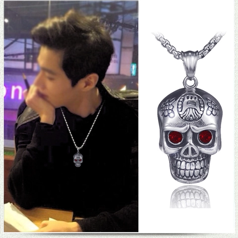 Collar con Colgante de Calavera de Acero Inoxidable Vintage Con Ojos de Diamantes de Imitación Rojos Plata Antigua Hip Hop Punk Gótico Joyas Hombre
