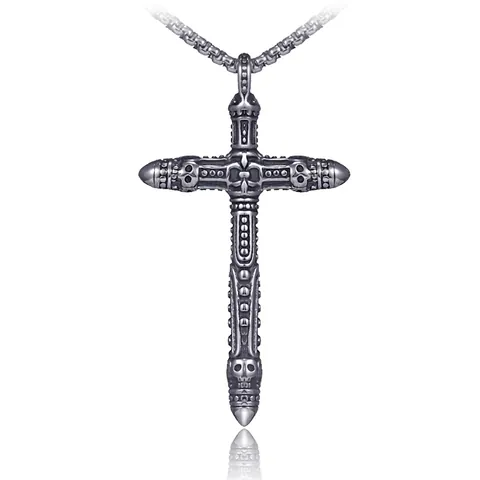 Collier Pendentif Croix en Acier Inoxydable Gothique Vintage pour Hommes Bijoux Punk Hip Hop Design de Crâne Cadeau Avec Chaîne Box