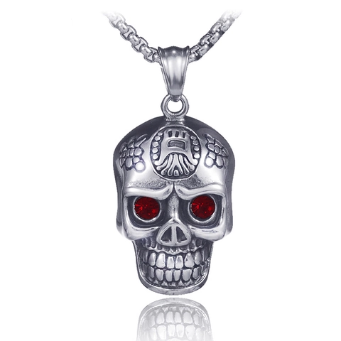 Collar con Colgante de Calavera de Acero Inoxidable Vintage Con Ojos de Diamantes de Imitación Rojos Plata Antigua Hip Hop Punk Gótico Joyas Hombre