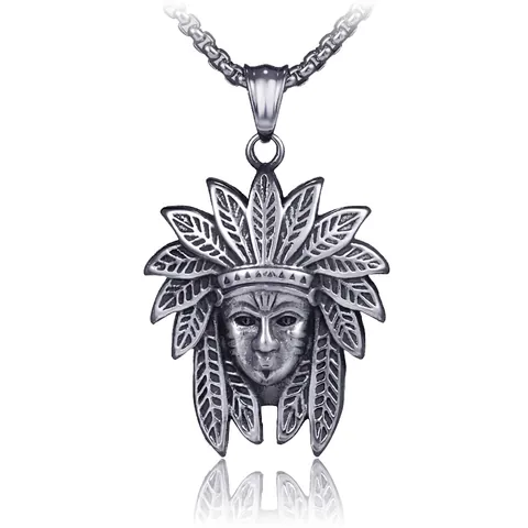 Collar de Colgante de Cabeza de Jefe Indio de Acero Inoxidable Retro para Hombre Joyería Tribal Hip Hop Retrato de Guerrero
