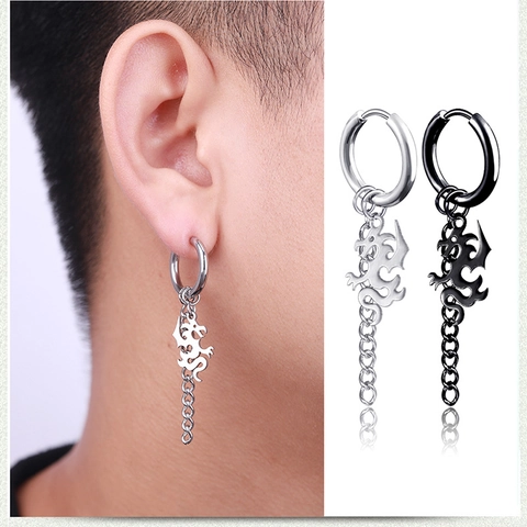 Punk Stainless Steel Dragon Dangle Earrings For Men Women Gothic Hip Hop Jewelry Black Silver Dragon Pendant Chain Hoop Earrings