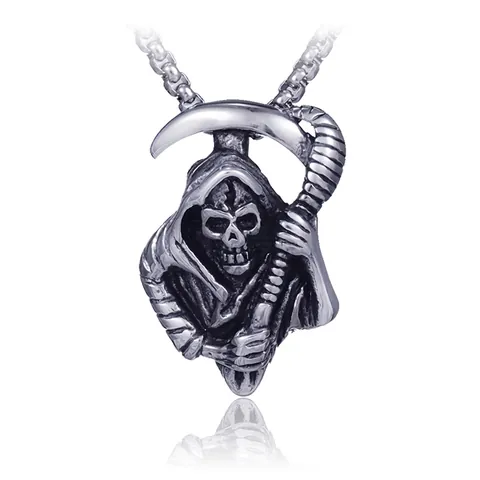 Collier Pendentif Faucille Squelette de la Mort en Acier Inoxydable pour Hommes Bijoux Hip Hop Gothiques Rétro Vieillis