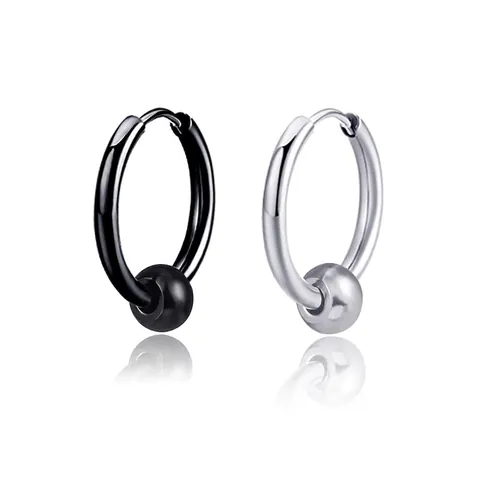 Orecchini a Cerchio Minimalisti in Acciaio Inossidabile Con Perlina Mobile per Uomo Donna Colore Nero Argento Punk Clip Gioielli