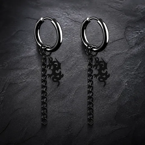 Punk Stainless Steel Dragon Dangle Earrings For Men Women Gothic Hip Hop Jewelry Black Silver Dragon Pendant Chain Hoop Earrings