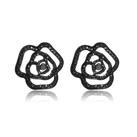 Schwarze Rosen-Ohrstecker Für Damen Hohles Kamelien-Design Retro Luxus Legierung Strass Eingelegt Nachtclub Party