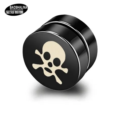 Skull Print Stainless Steel Magnetic Earrings No Piercing Rock Punk Stud Earrings Unisex Black Magnet Jewelry
