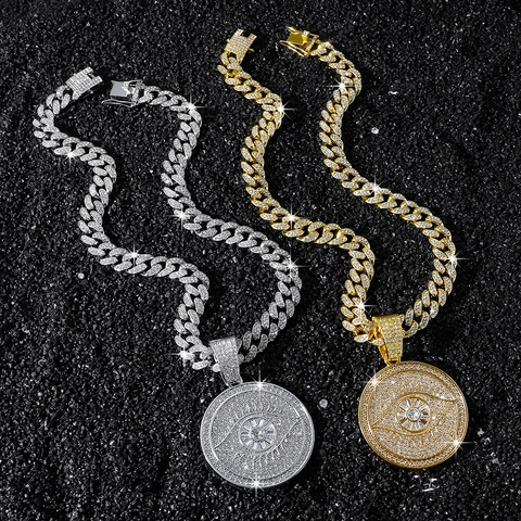 Collana Hip Hop Uomo Con Ciondolo Rotondo Malocchio Pieno di Strass Lega di Zinco Oro Argento Placcato Catena Cubana