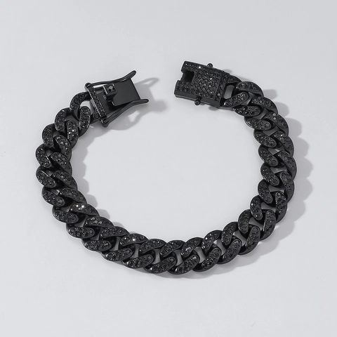 Bracciale Cuban Link Nero da Uomo Hip Hop con Strass Iced Out Bracciale a Catena in Lega Gioielli di Tendenza Regalo per Lui
