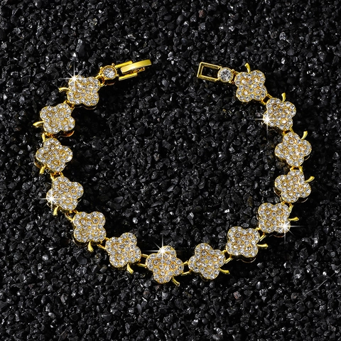Bracciale a Catena con Trifoglio Iced Out Hip Hop per Uomo Lussuoso Gioiello in Lega di Zinco e Strass per Feste e Moda Casual