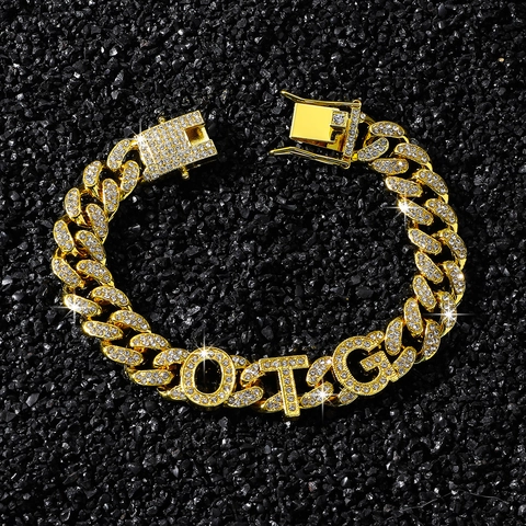 Bracciale Hip Hop da Uomo Maglia Cubana Con Strass Pendente Lettera OTG Gioielli Streetwear Accessorio Placcato Oro Argento