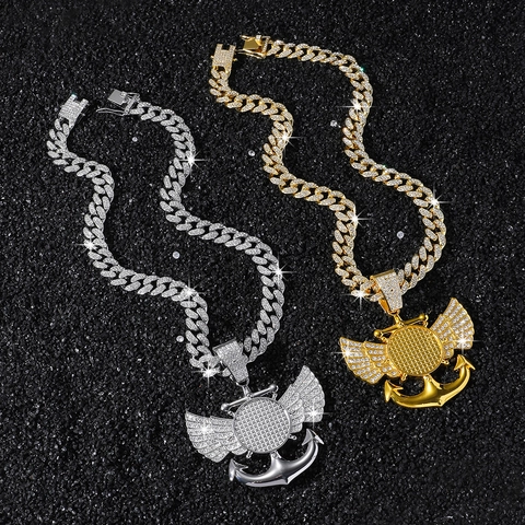 Collana da Uomo Hip Hop Ciondolo Ala Ancora Lega di Zinco Strass Maglia Cubana Oro Argento Punk Gioielli