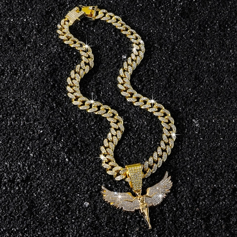 Collar de Pendiente de Alas de ángel de Aleación de Zinc para Hombre Hip Hop Cadena de Eslabones Cubanos con Strass Oro Plata Joyería