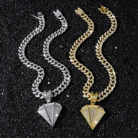 Collana con Ciondolo in Strass da Uomo Hip Hop Lega di Zinco Catena Cubana Iced Out Gioielli Street Style Uomo Accessorio Party