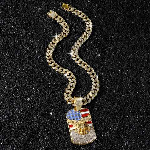 Collana da Uomo Hip Hop Iced Out con Ciondolo Aquila e Bandiera USA in Lega di Zinco Strass Catena Cubana Oro Argento
