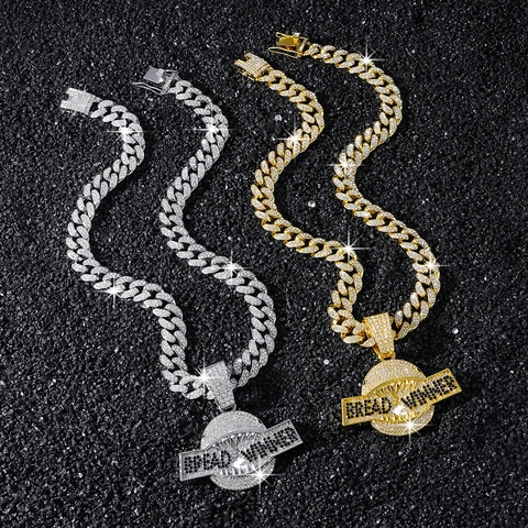 Herren Hip Hop Haimaul Bread Winner Anhänger Halskette Voll Strass Zinklegierung Panzerkette Gold Silber Schmuck