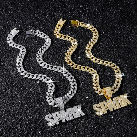 Hip Hop Herren Zinklegierung Spark Buchstaben Anhänger Halskette Iced Out Strass Panzerkette Schmuck Für Party Gold Silber