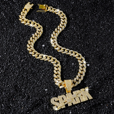 Hip Hop Herren Zinklegierung Spark Buchstaben Anhänger Halskette Iced Out Strass Panzerkette Schmuck Für Party Gold Silber