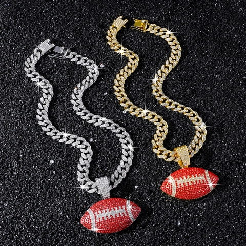Collana con Ciondolo Rugby Football Hip Hop Iced Out Uomo Lega di Zinco Strass Catena a Maglie Cubane Oro Argento