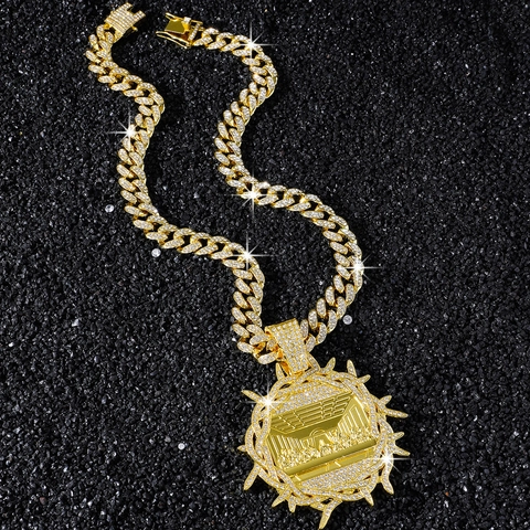 Heren Hip Hop Zinklegering Strass Halsketting Het Laatste Avondmaal Ronde Hanger Iced Out Cubaanse Schakelketting Goud Zilver Sieraden