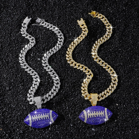 Hip-Hop Iced Out Herren Halskette Dunkelblau American Football Anhänger Halskette Zinklegierung Strass Panzerkette Schmuck
