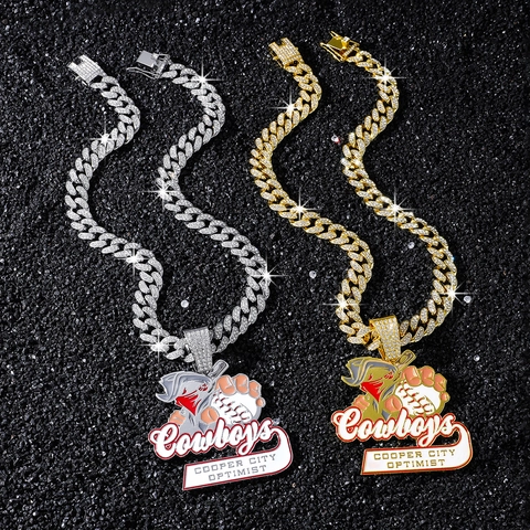 Hip-Hop Herren Zinklegierung Strass Anhänger Halskette Voll Strass Panzerkette Baseball Cowboys Logo Sport Schmuck