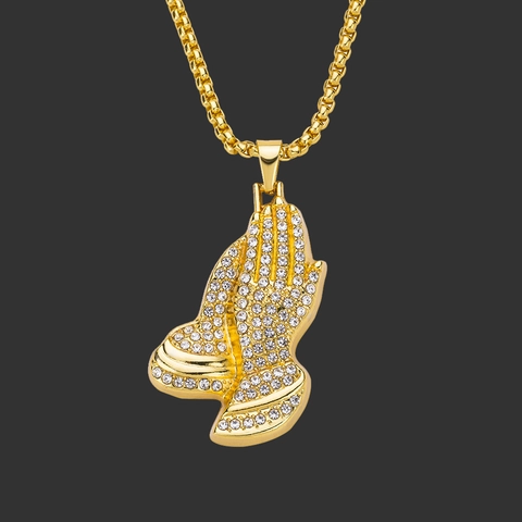 Iced Out Biddende Handen Hanger Halsketting Voor Heren Dames Hip Hop Legering Strass Religieuze Sieraden Box Ketting