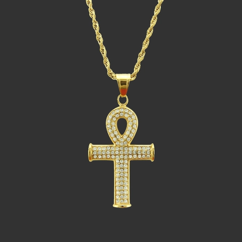 Collar Con Colgante De Cruz Ankh Hip Hop Para Hombre Mujer Aleación Chapada En Oro Diamantes De Imitación Egipcios Llave De La Vida Joyería Cadena De Cuerda