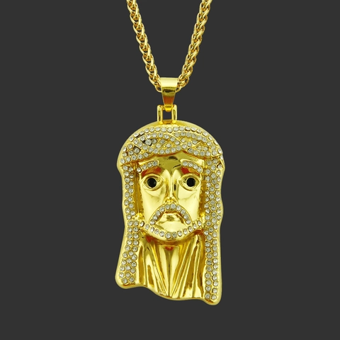 Collana con Ciondolo Gesù Iced Out Hip Hop Gioielli Religiosi in Lega Placcata Oro con Strass e Catena a Grano da Uomo