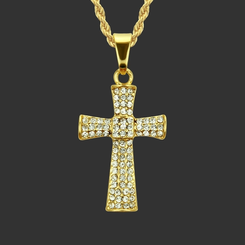 Collar con Colgante de Cruz Hip Hop Chapado en Oro para Hombre Mujer Joyería de Crucifijo Religioso con Rhinestone y Cadena de Cuerda