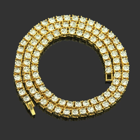 Collana Tennis da Uomo Hip Hop con Strass a Riga Singola in Lega Galvanizzata Oro Argento Nero Gioielli per Feste