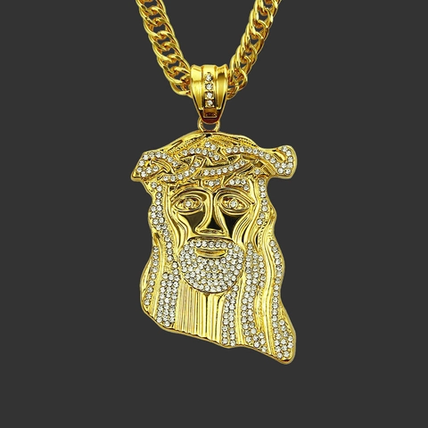 Collar Colgante Cabeza de Jesús Hip Hop Bañado en Oro Aleación Diamante de Imitación Con Cadena Cubana Joyería Religiosa